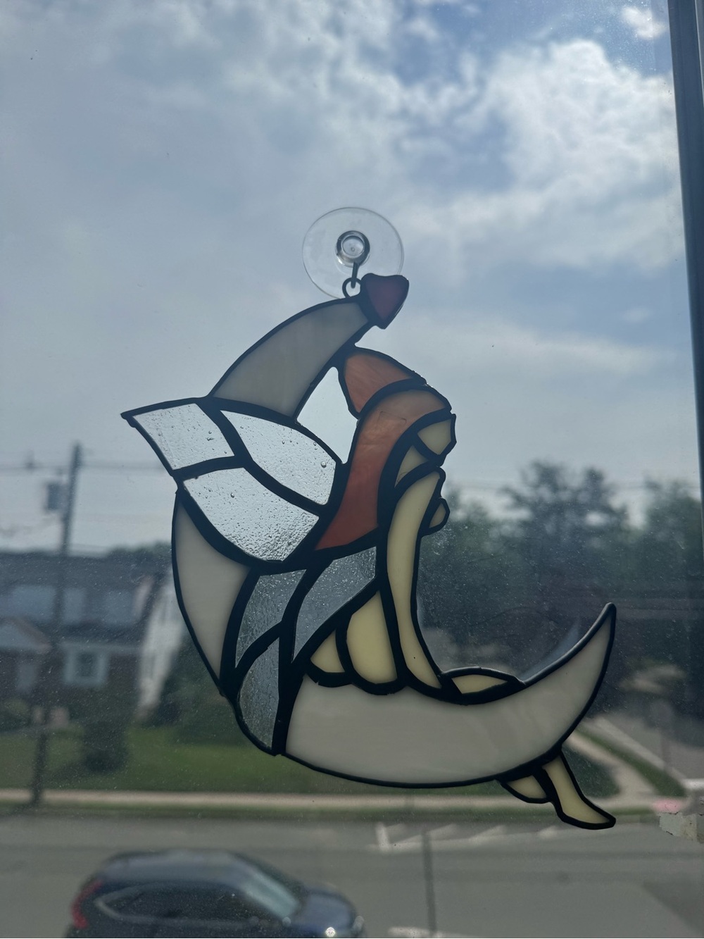 Stained Glass Moon Fairy Suncatcher - Cream, Yellow, Orange